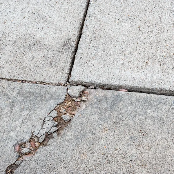A cracked concrete sidewalk with a small pile of dirt and debris.